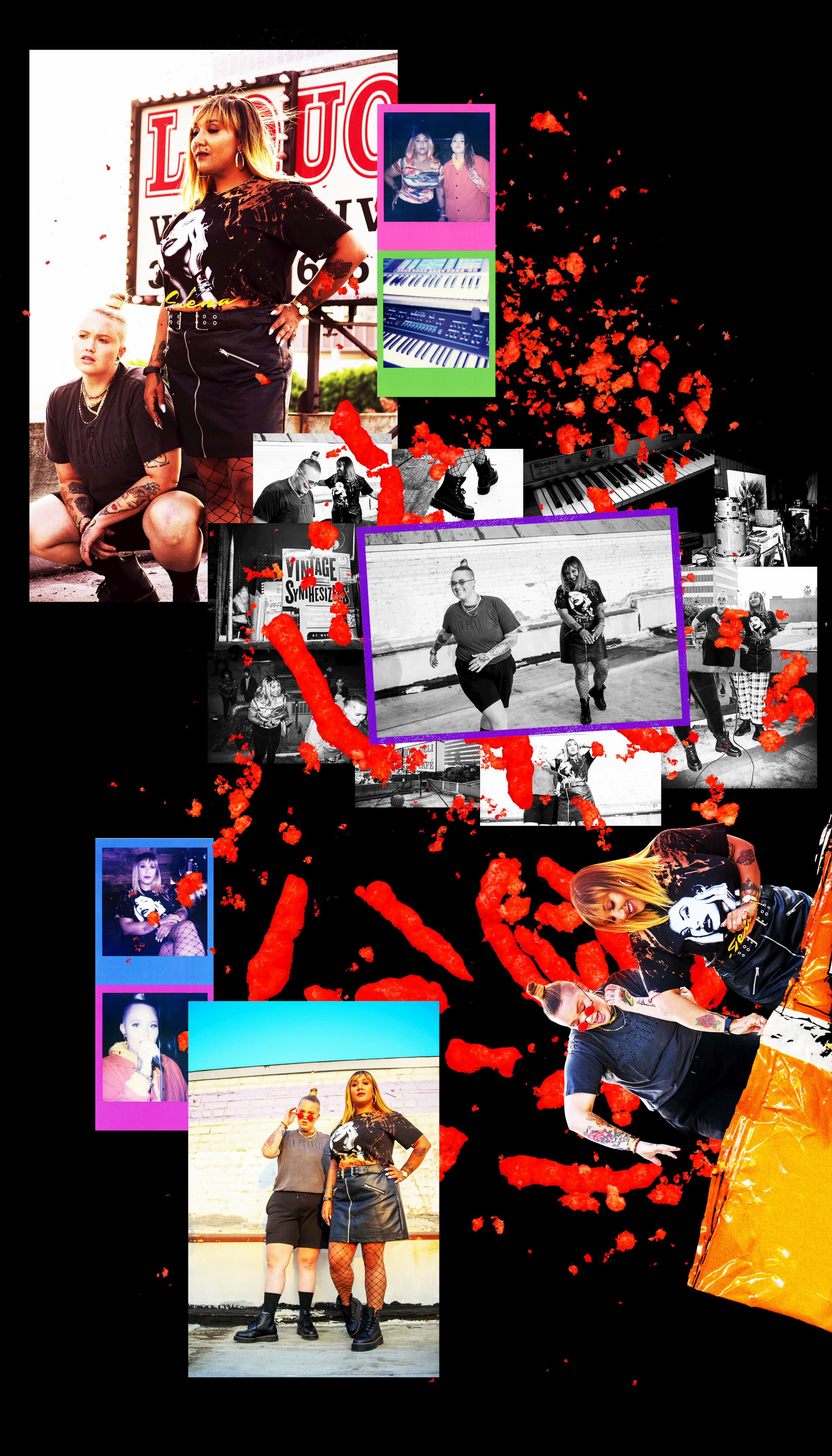 A collage of photos of the duo posing in various situations outdoors expressing joy. Synthesizer keyboards and other musical gear can be seen as well.