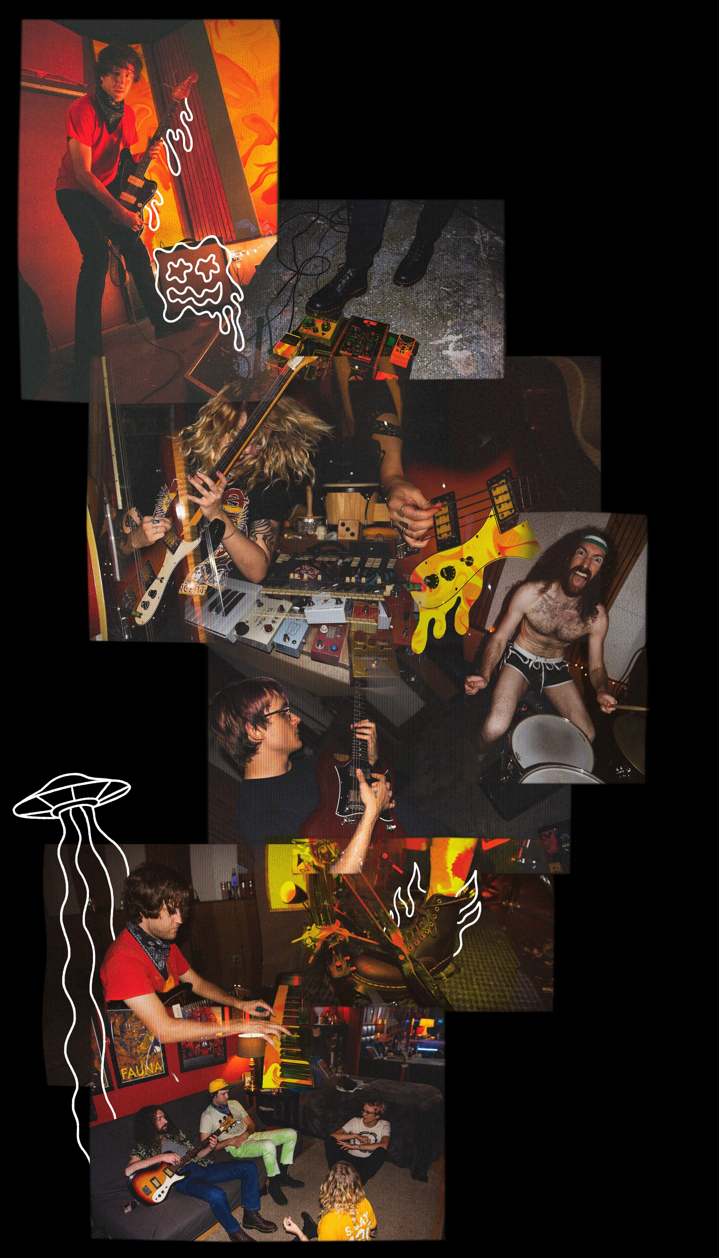 A collage of photos featuring the individual band members with handrawn illustrations as highlights