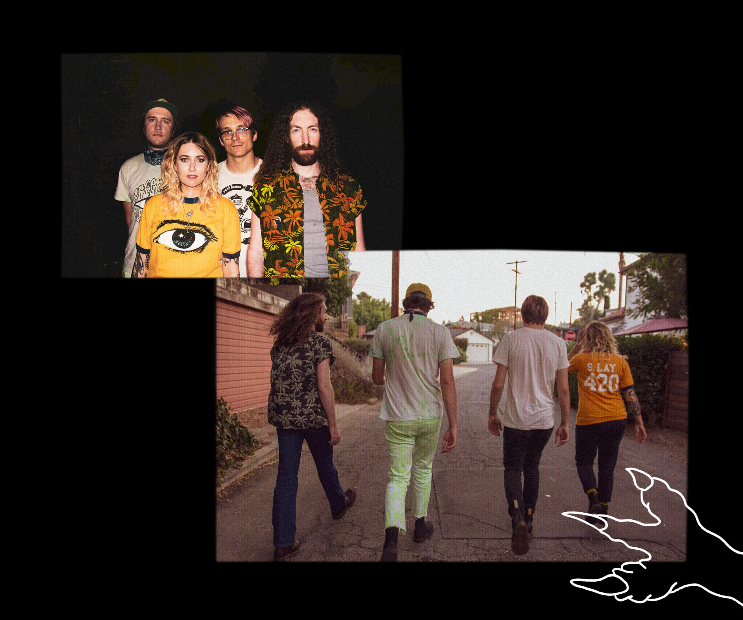 Two photos of the band: one facing the camera and one with them walking away. A hand drawn lizard foot illustration included.