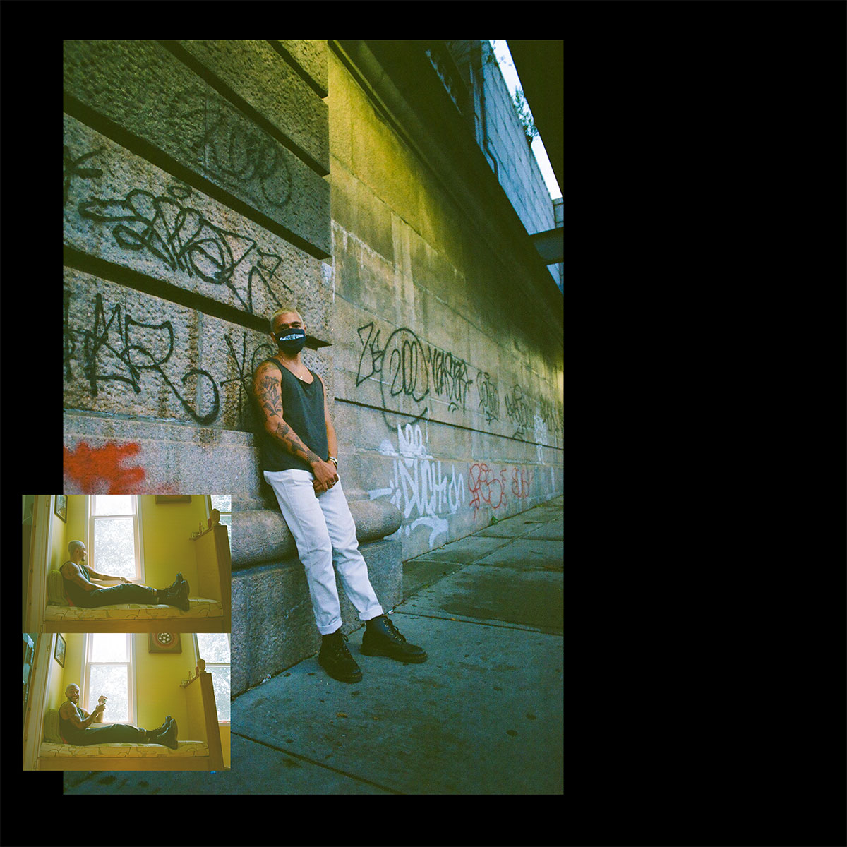 A collage of Gabe wearing a mask standing in front of a wall with graffiti. Candid photos of Gabe relaxing in front of a window