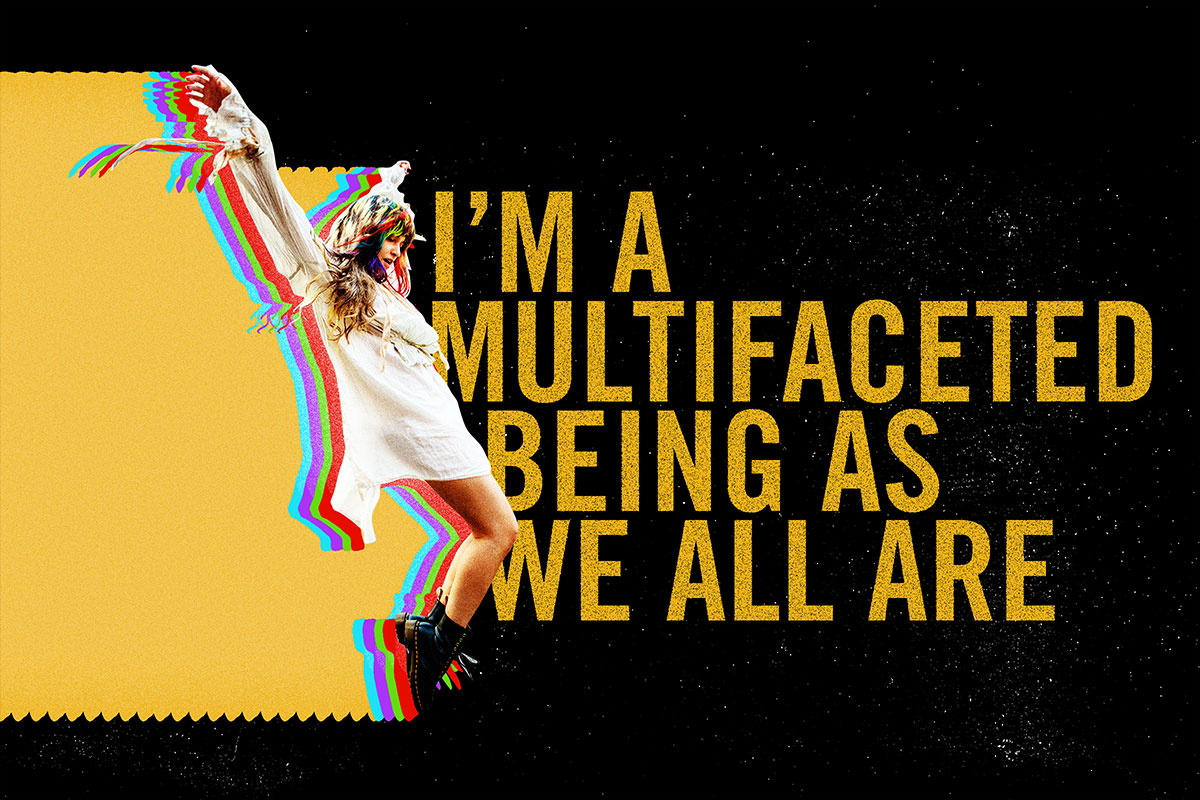 Lauren standing on the point of her toes, with the words "I'm a multifaceted being as we all are"