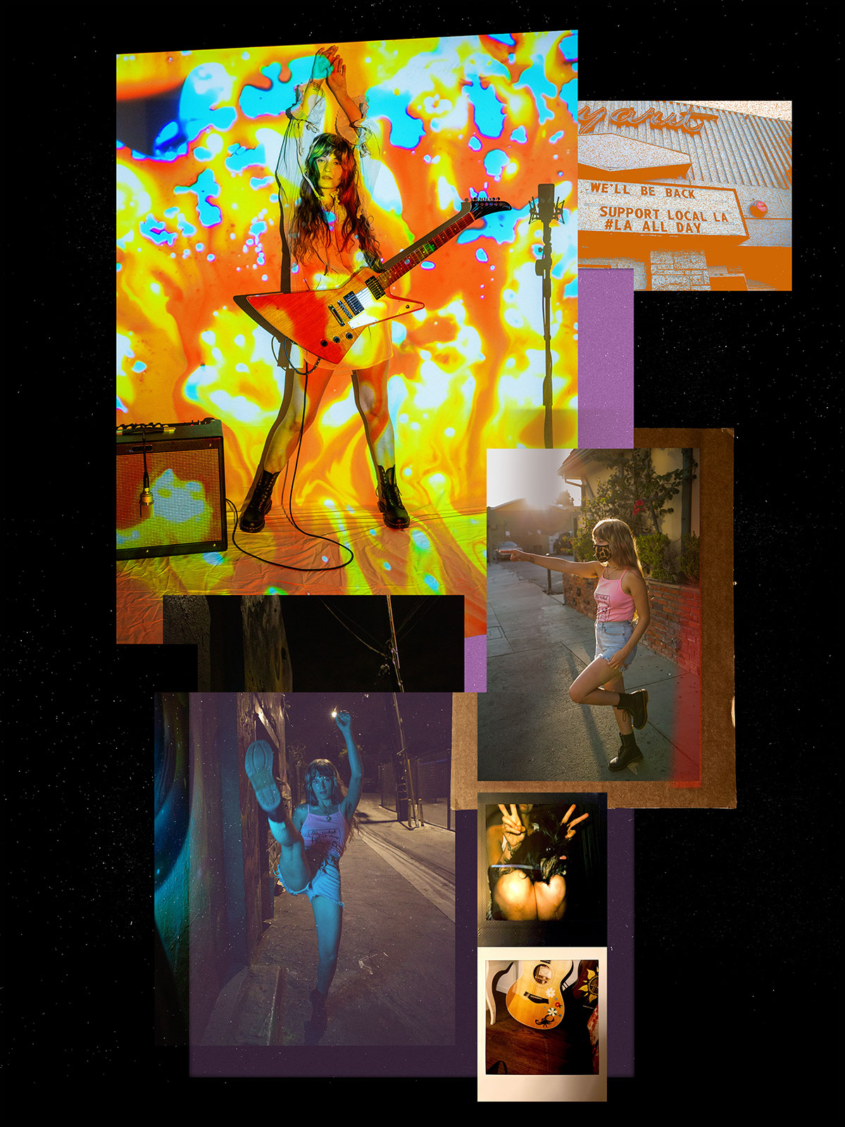 A collage of Lauren. Standing with an electric guitar with psychadelic colors, relaxing on the street wearing a mask, high kicking on the street, and close up photos of acoustic guitar