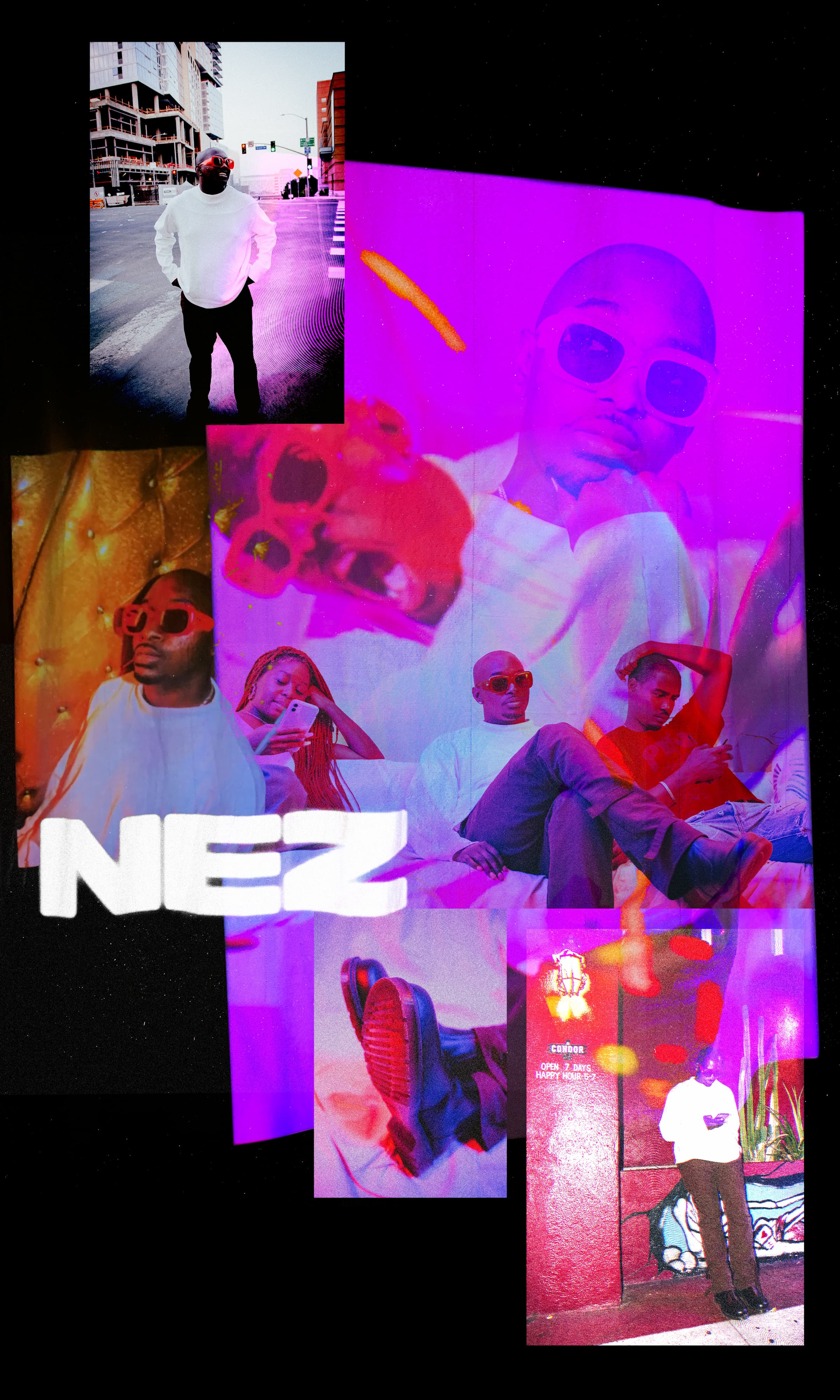 A collage of photos featuring Nez in different poses and outfits on the street and in his studio with friends.
