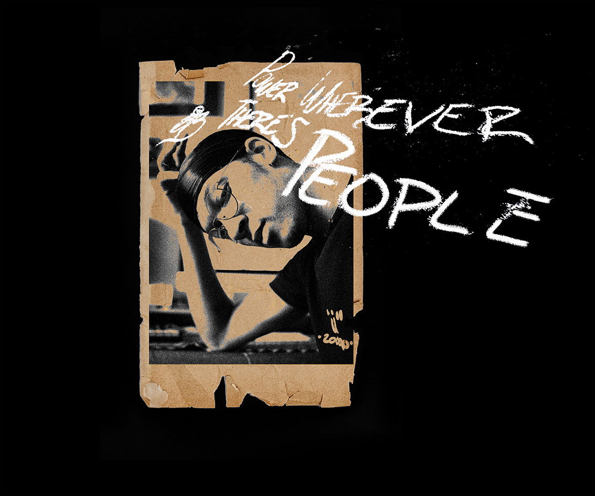 A ripped and stained poloraid of with the words "Be wherever there's people"