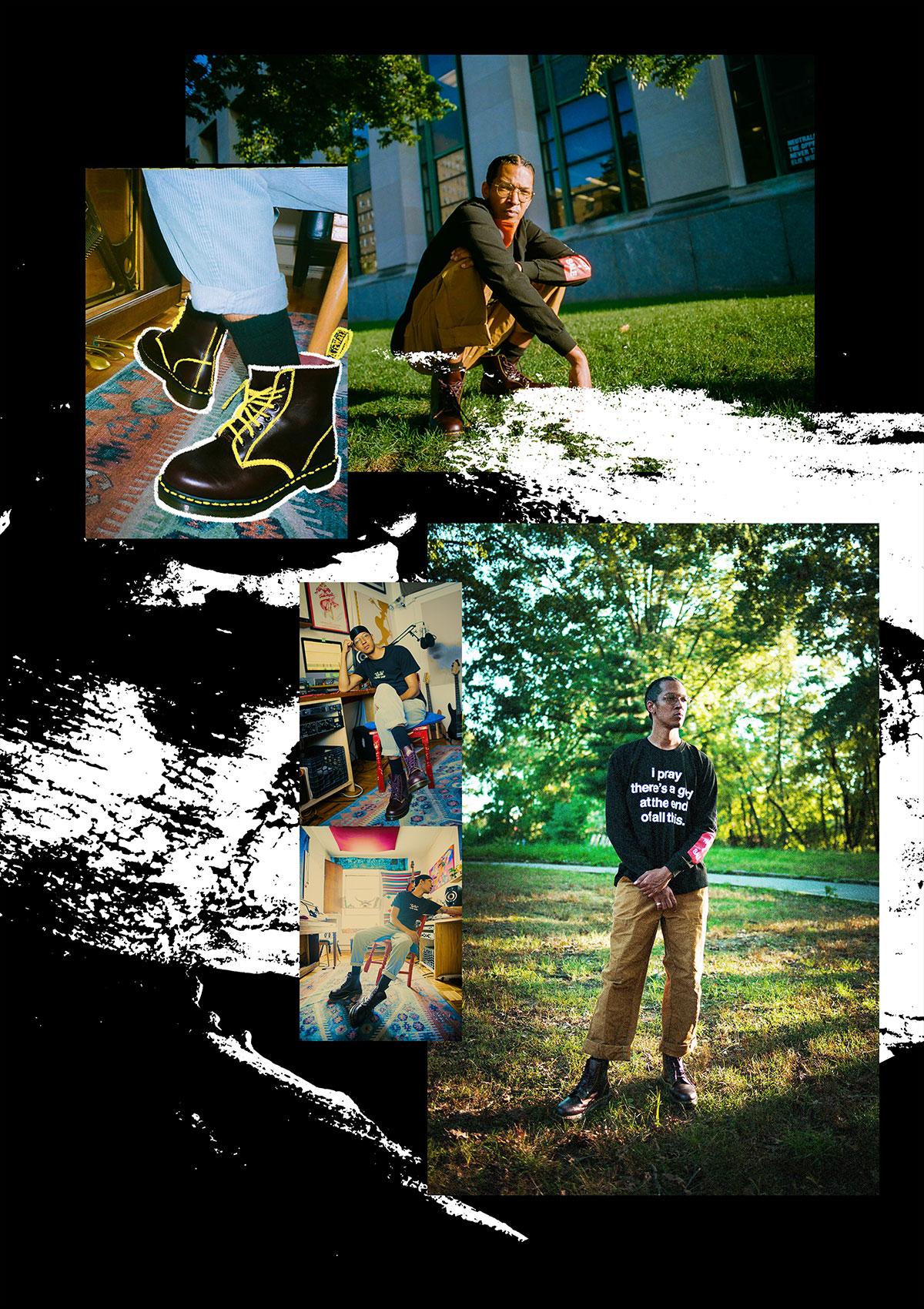 A collage of images showing him squat in the grass, showing off his Docs, posing in a workspace, candid shot in the workspace, and standing in the park with arms crossed low in front.