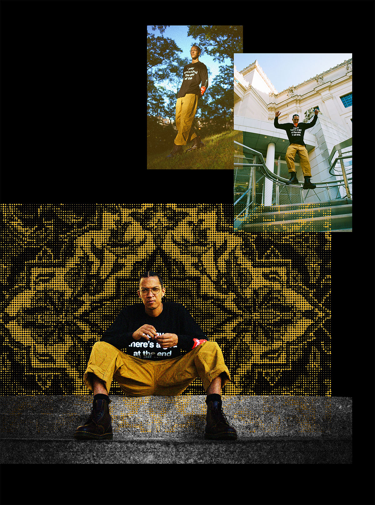 A collage of images showing him jumping down stairs, walking downhill in a park, and sitting on stairs in front of a textured background