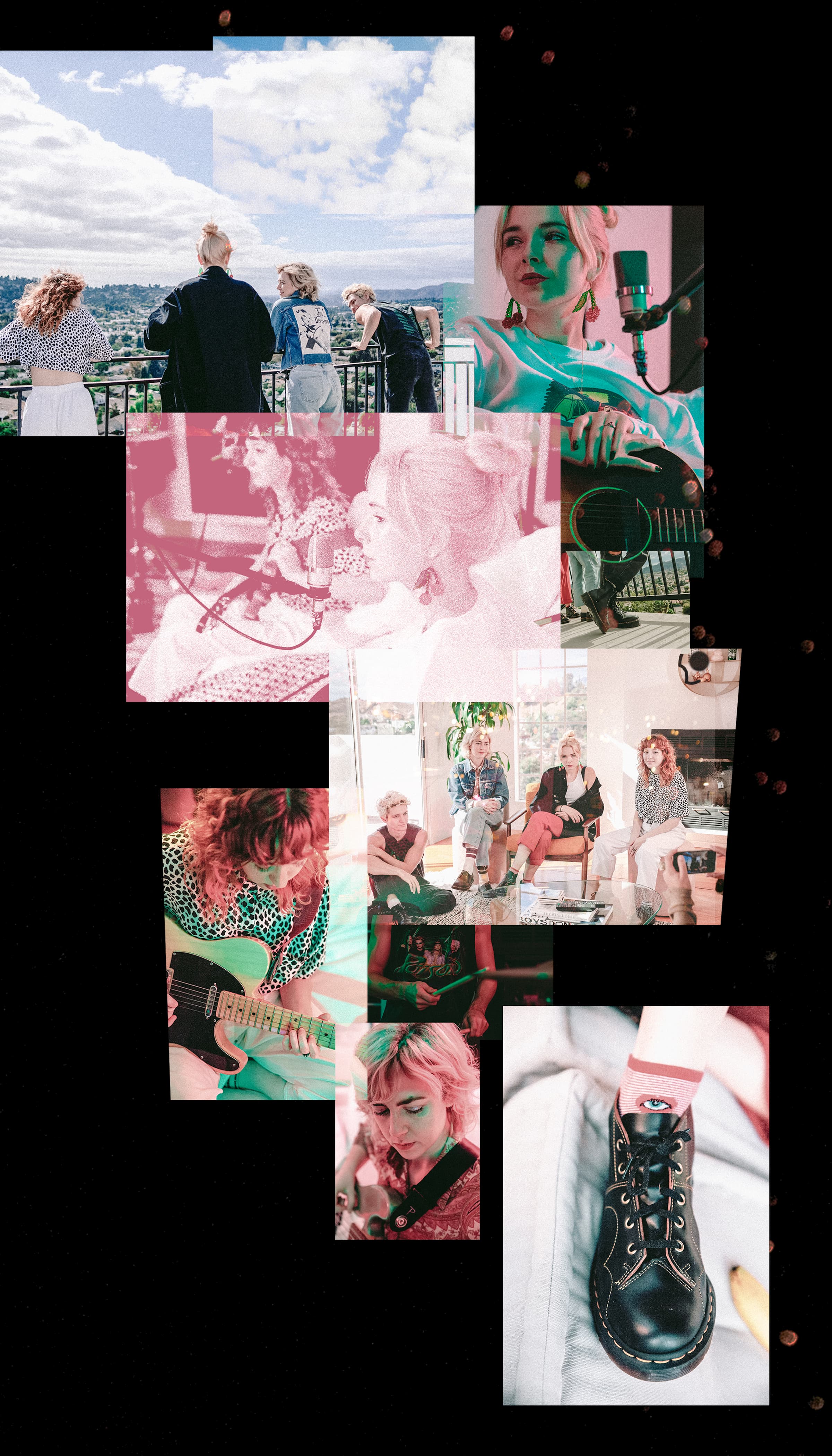 A collage of photos featuring The Regrettes standing on a balcony together as well as in their studio playing music.