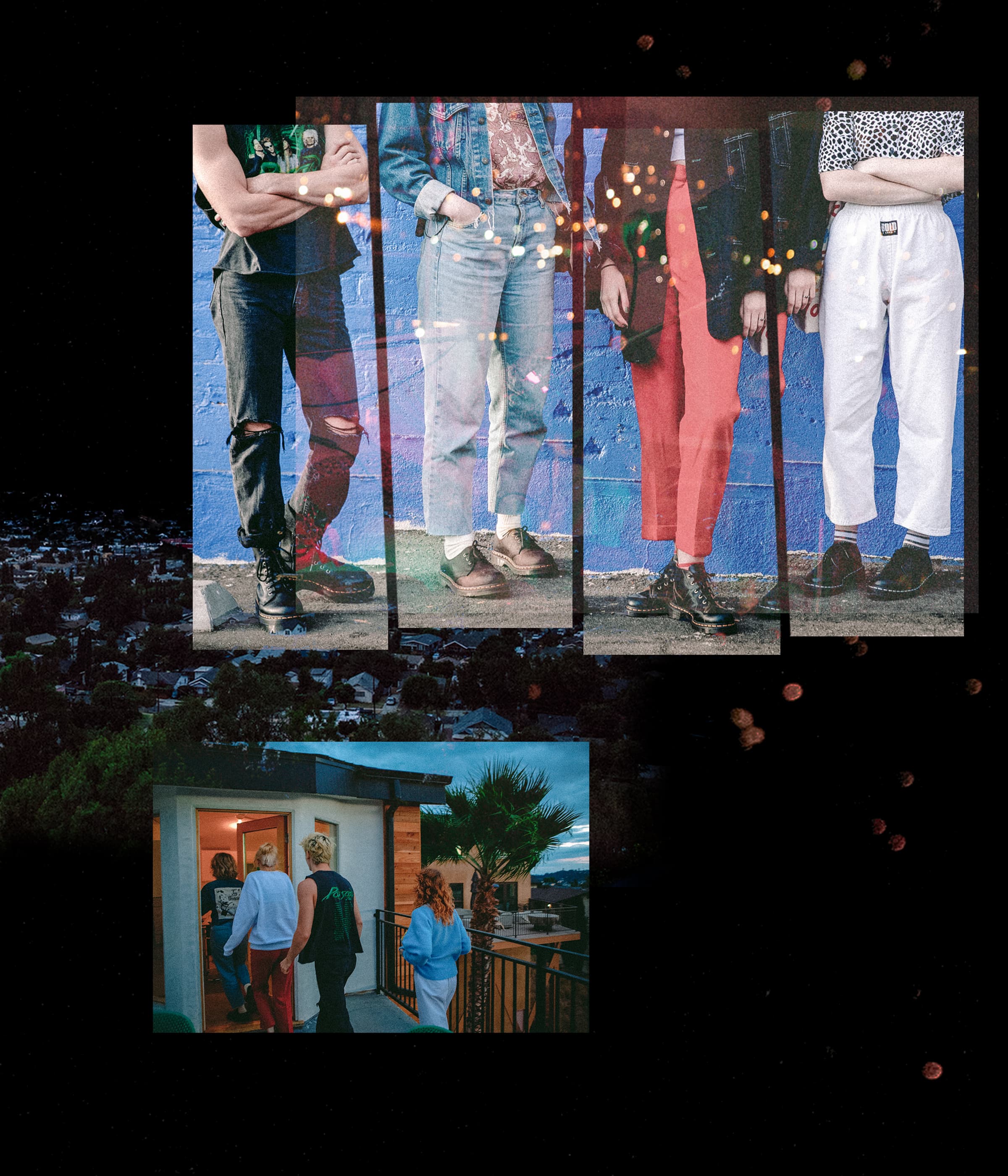 A collage of photos featuring The Regrettes standing side-by-side in front of a wall and also heading inside at dusk.