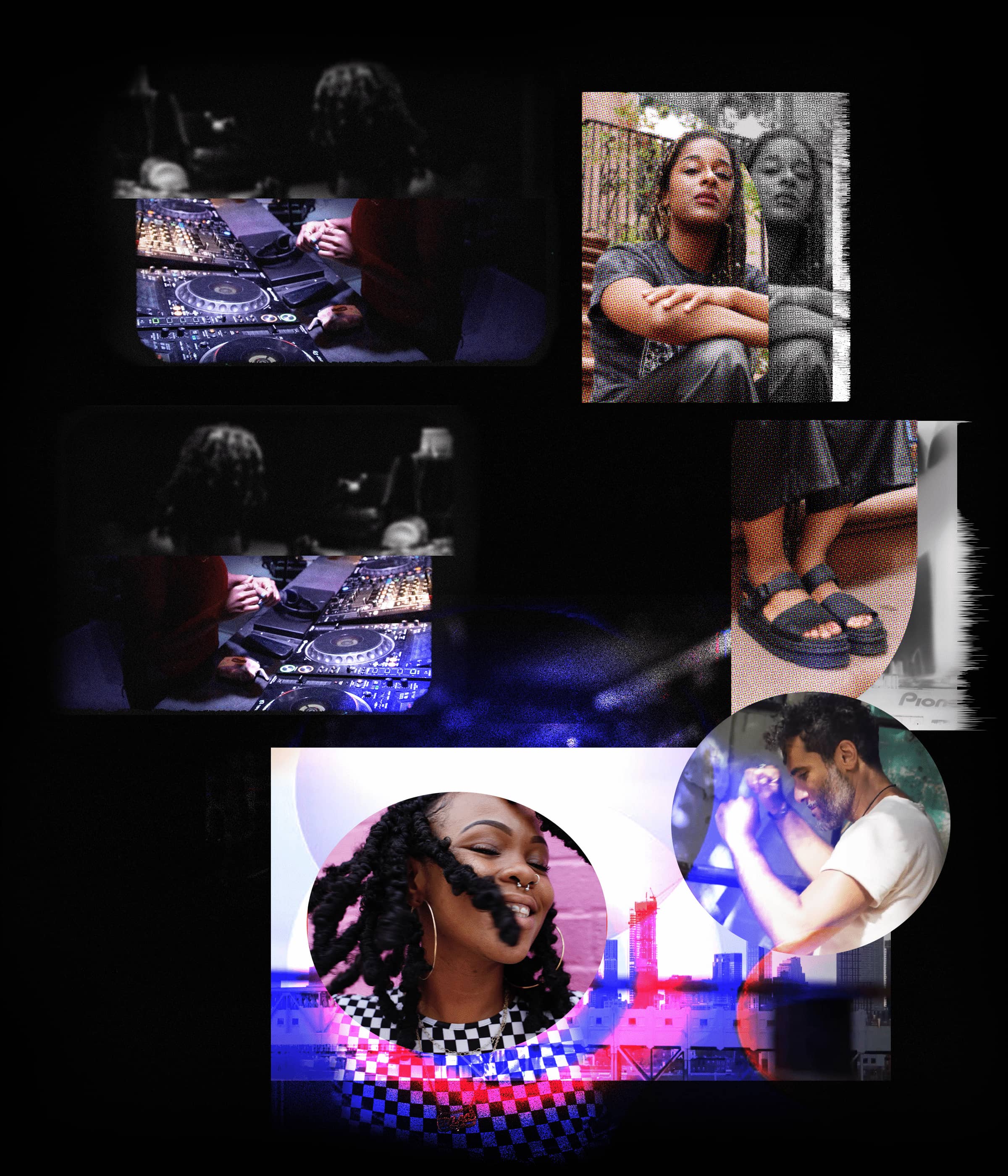 A collage of many artists featuring several operating turntables and other DJ performance gear.