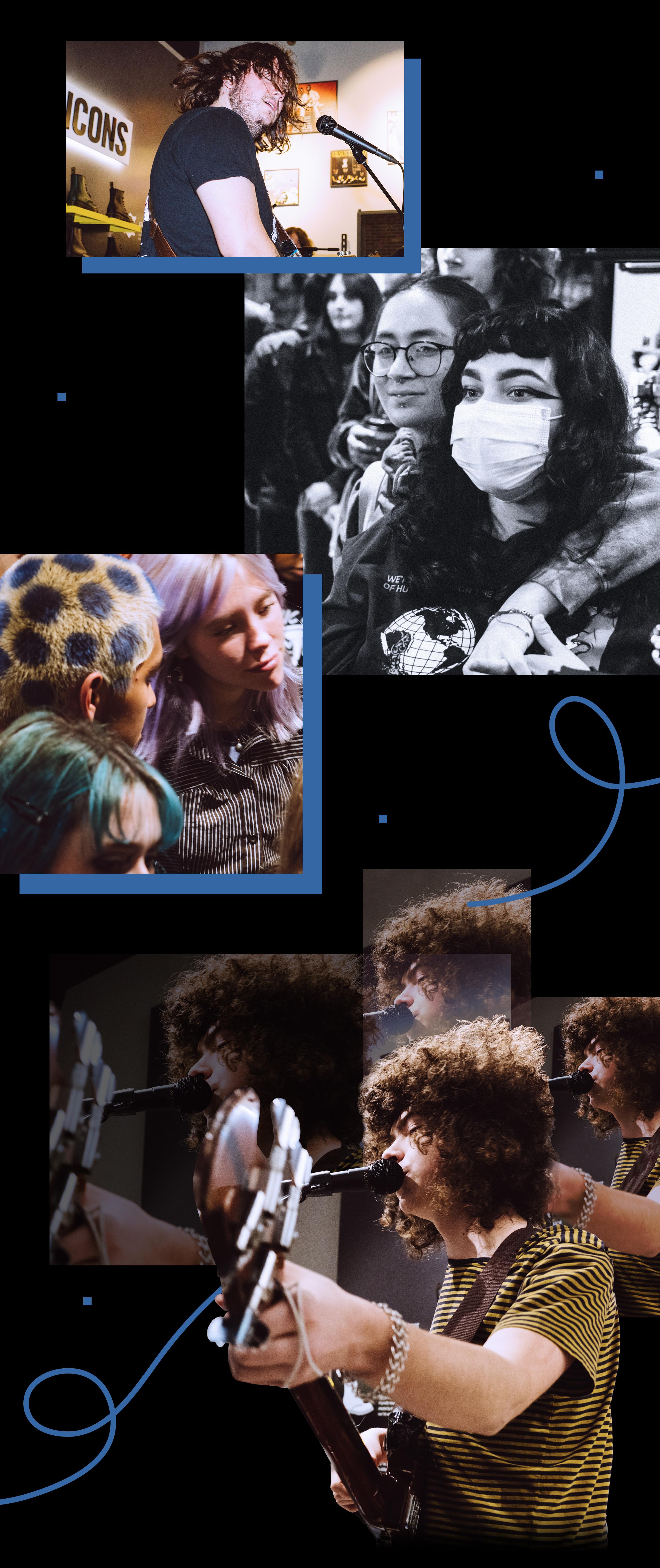 A collage of photos consisting of the lead singer from Deeper singing into the microphone, two young women embracing each other while watching the performance, a young man with dyed blonde hair and black splotches on his head talking to a young woman with dyed purple hair, and one of the band members from Lifeguard singing into the microphone while playing his guitar.